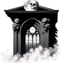 tall gothic architectural window with skulls, roses, and a moon, bars over the window and mist below the window  tattoo design idea