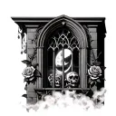 tall gothic architectural window with skulls, roses, and a moon, bars over the window and mist below the window  tattoo design idea