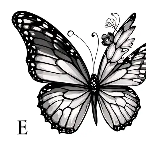 butterfly with fairy and letter E tattoo design idea