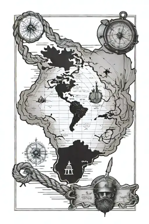 compass pointing to map of Australia and Ned kelly helmet, anchor and rope pulling down to map of Ireland  tattoo design idea