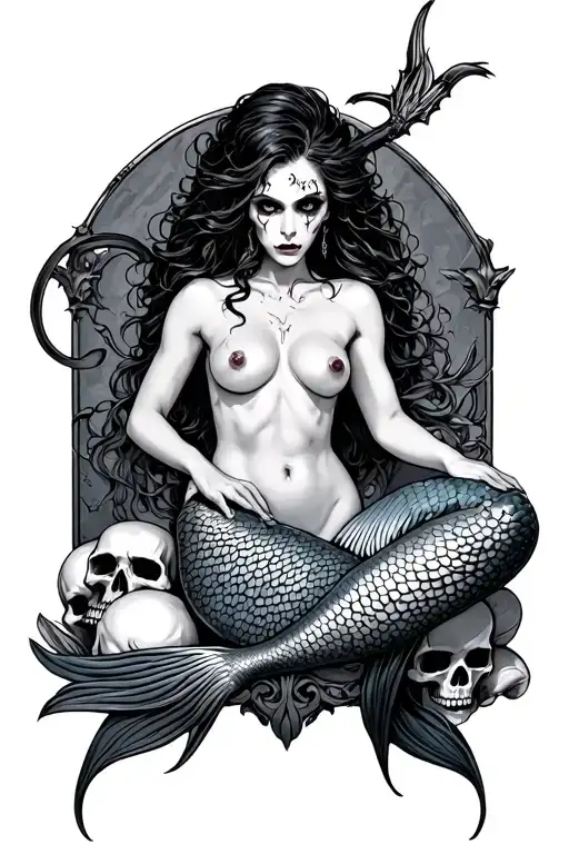 topless evil marmaid on a bed of skulls tattoo design idea