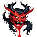 Demon that cries from rage of blood tears while holding in his hand a mastered theatrical style mask tattoo design idea