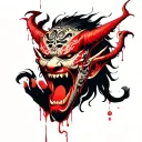 Demon that cries from rage of blood tears while holding in his hand a mastered theatrical style mask tattoo design idea