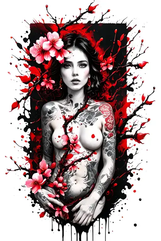 long cherry blossom vine intertwined over woman sensual body tattoo design idea