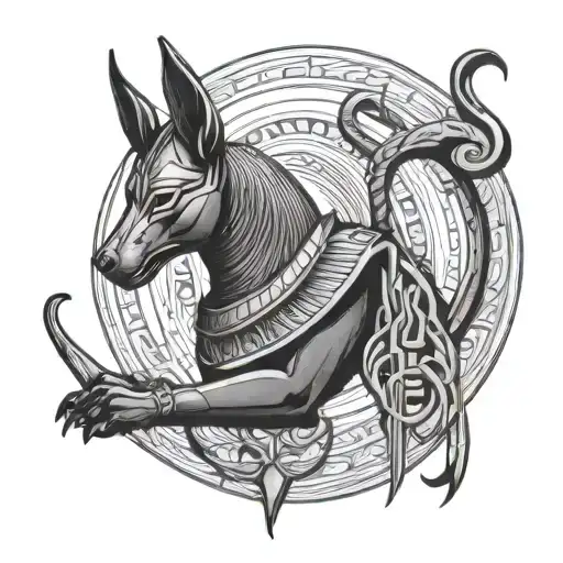 Anubis in fine line, standing in profile, surrounded by a circle decorated with simple hieroglyphs tattoo design idea