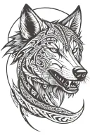 wolf with a compass in his teeth and a grin tattoo design idea