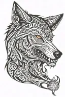 wolf with a compass in his teeth and a grin tattoo design idea