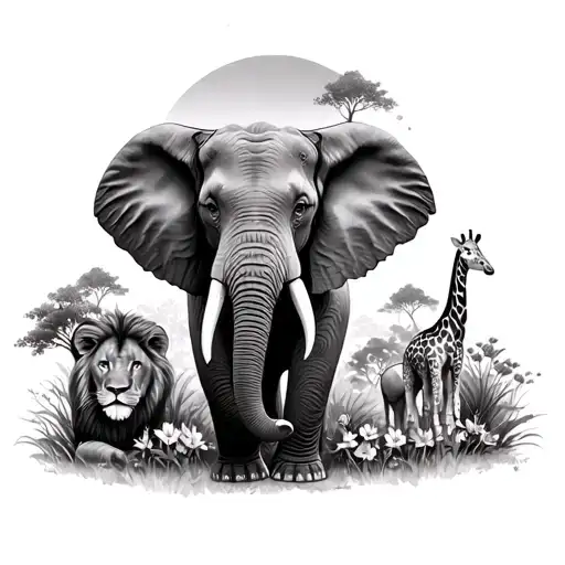 safari with an elephant,lion, giraffe , flowers, and trees  tattoo design idea