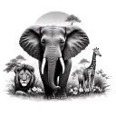 safari with an elephant,lion, giraffe , flowers, and trees  tattoo design idea