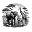 safari with an elephant,lion, giraffe , flowers, and trees  tattoo design idea