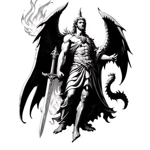 Saint Michael without cape, let it be oblique to replace dragon with fire, in the right hand sword and on the left balances tattoo design idea