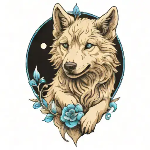 happy wolf puppy with blue eyes surrounded tattoo design idea