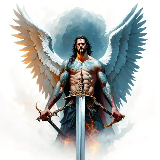 angel victorious over demon with wings, sword, male protector angel behind tattoo design idea