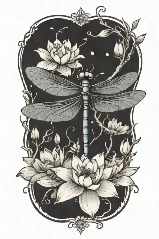 Dragonfly resting on a lotus flower with cherry blossom petals falling around them tattoo design idea