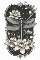 Dragonfly resting on a lotus flower with cherry blossom petals falling around them tattoo design idea
