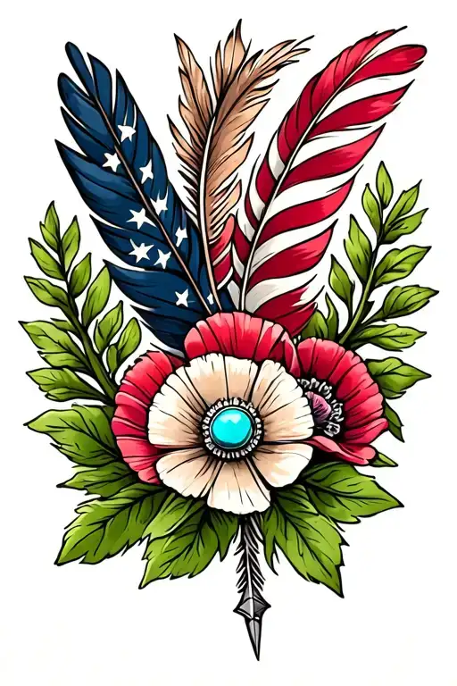 colorful feathers on top and bottom, american flag, poppy flowers, green leaves, western turquoise brooch,   with arrow  tattoo design idea