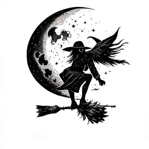 puzzle piece, camping, flying witch on broomstick, moon, campfire tattoo design idea