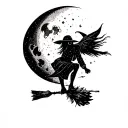 puzzle piece, camping, flying witch on broomstick, moon, campfire tattoo design idea