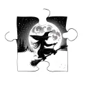 puzzle piece, camping, flying witch on broomstick, moon, campfire tattoo design idea