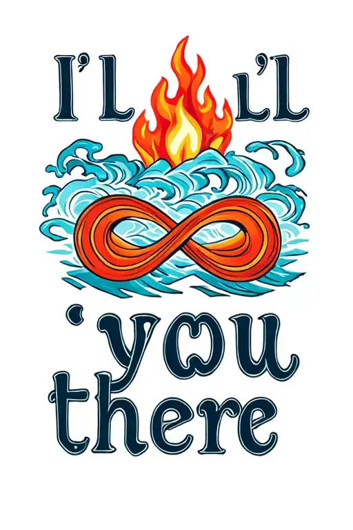"I’ll take you there" infinity symbol incorporating fire, and water waves tattoo design idea