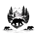 feminine floral mama bear silhouette with cubs walking among river and trees and mountains inside the silhouette  tattoo design idea