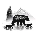 feminine floral mama bear silhouette with cubs walking among river and trees and mountains inside the silhouette  tattoo design idea
