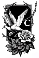dove with chain with letter c rose with a wedding ring sleek sun clouds tattoo design idea