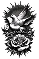 dove with chain with letter c rose with a wedding ring sleek sun clouds tattoo design idea