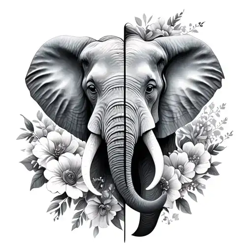 elephant face split with human face in the middle of elephand split face and flowers around it tattoo design idea