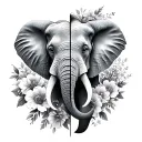 elephant face split with human face in the middle of elephand split face and flowers around it tattoo design idea