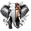 elephant face split with human face in the middle of elephand split face and flowers around it tattoo design idea