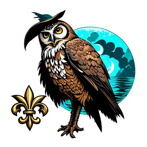 Hermit Wizard, Owl, Moon, Sea, Helm, Fleur de Lis, Quaderna tattoo design idea