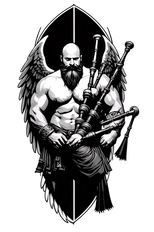 bald beard shirtless viking bagpipes wings on back tattoo design idea