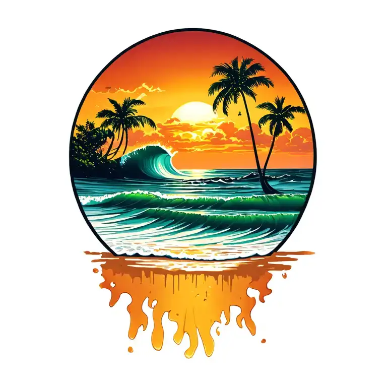 Costa Rica beach sunset scene with wave wash tapering off at bottom of tattoo tattoo design idea