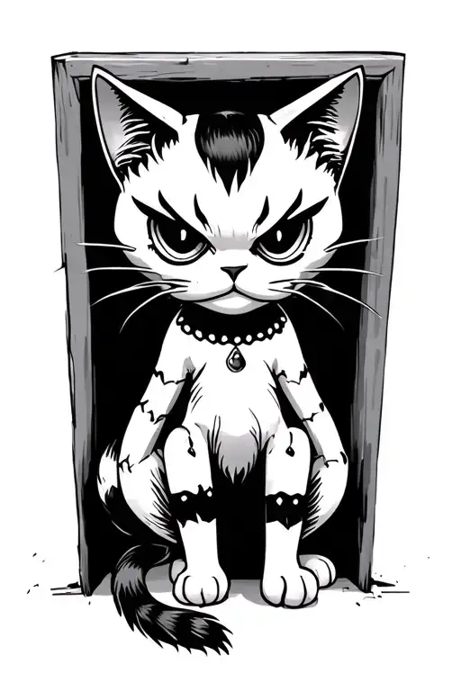 voodoo doll but is an evil cat sitting up against a wall tattoo design idea