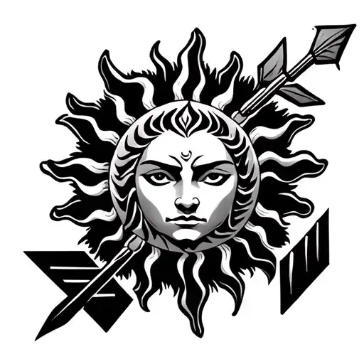 Karanan sun with arrow in tiny with deep meaning symbol don't want god face i need symbol inbetween tattoo design idea