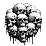 multiple skulls cascading together, melting together in places , shadows, , black and white, no color tattoo design idea