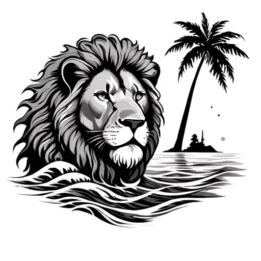 [Elbow]| Lion’s head (centered, facing outward)| Mane flows down and out:| ├── Left: Waves, palm fronds, sun/island ( tattoo design idea