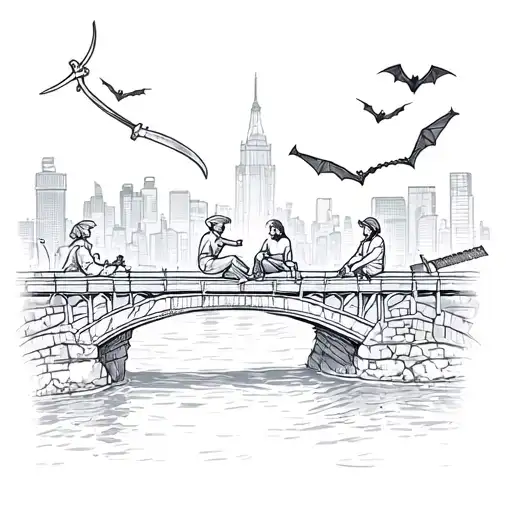 people sitting on bridge energy wires bats one person holding slingshot another saw, another key background city, river tattoo design idea
