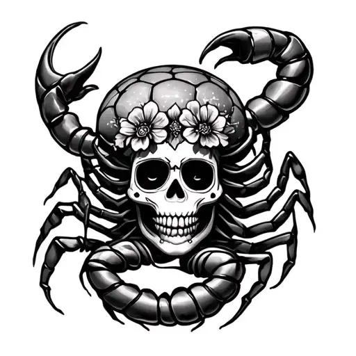 day of the dead theme, with scorpion wrapped around candy skulls tattoo design idea