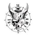 carpe above diem below in the middle hourglass coyote writes in the middle of the clock memento mori and a skull and a h tattoo design idea