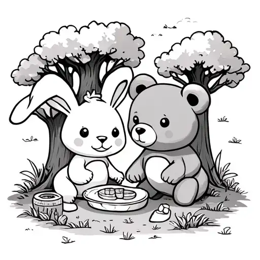 "A cute cartoon bunny and bear having a picnic under a tree, black and white line art, kawaii style, for kids coloring b tattoo design idea