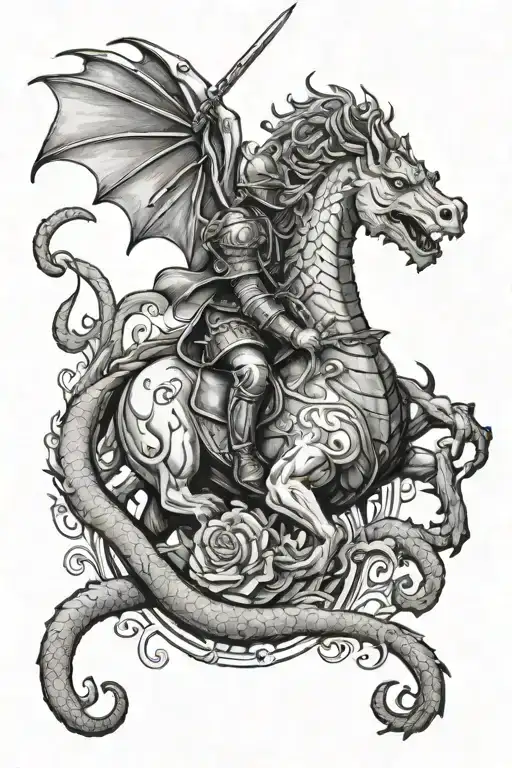 St. George fighting the dragon breathing fire gothic drawing style tattoo design idea