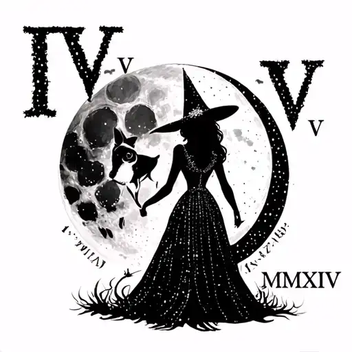 "IV - V - MMXIV" "IV - V - MMXIV" sexy witch bride with boston terrier silhouette over full moon tattoo design idea