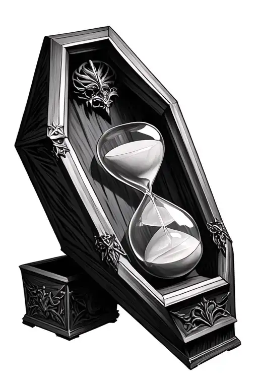 gothic style coffin with hourglass embedded on the front tattoo design idea