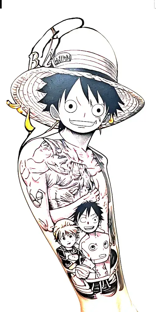 A tattoo for the arm, themed on the anime one piece, consisting of the name one piece and pictures of luffy, sabo , ace tattoo design idea