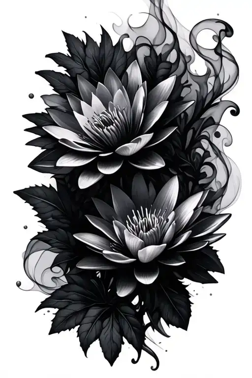 smoke swirling waterlily flower and larkspur flowers intertwined tattoo design idea