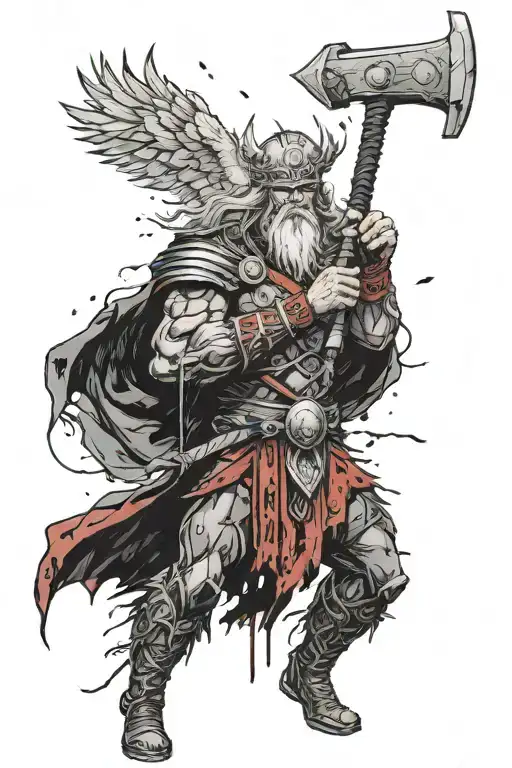 Perun, Slavic god of thunder, holding a hammer with fierce expression. Features an eagle, lightning, and dominance. tattoo design idea