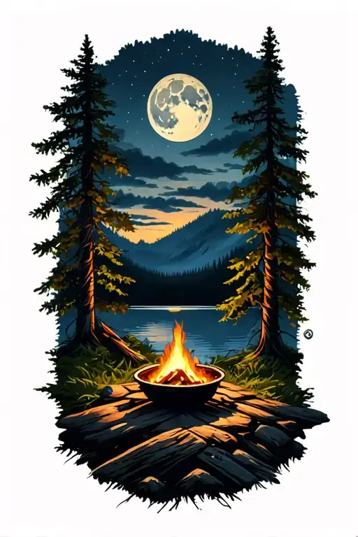forest, lake, cabin, fire pit, night time, full moon tattoo design idea