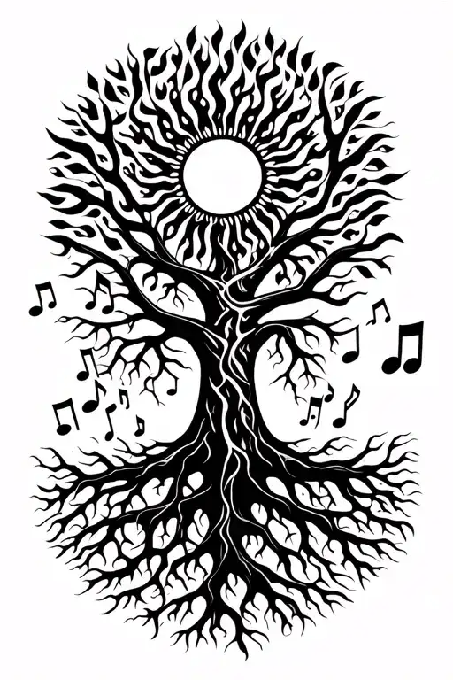sun shining, tree of life with veins for roots. musical notes flying  tattoo design idea